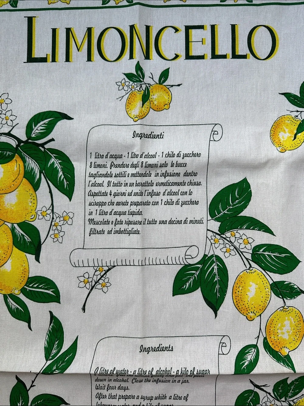 NWOT Lemon Tea Towel Italy Cotton LIMONCELLO MonveniR 22” X 34” Vintage Italian